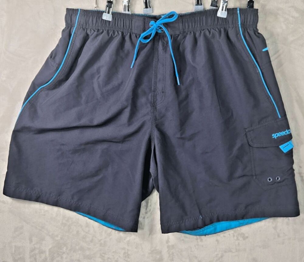 Speedo Mens XXL Board Shorts Charcoal Blue Piping Cargo Pocket Swim Y2K Sport